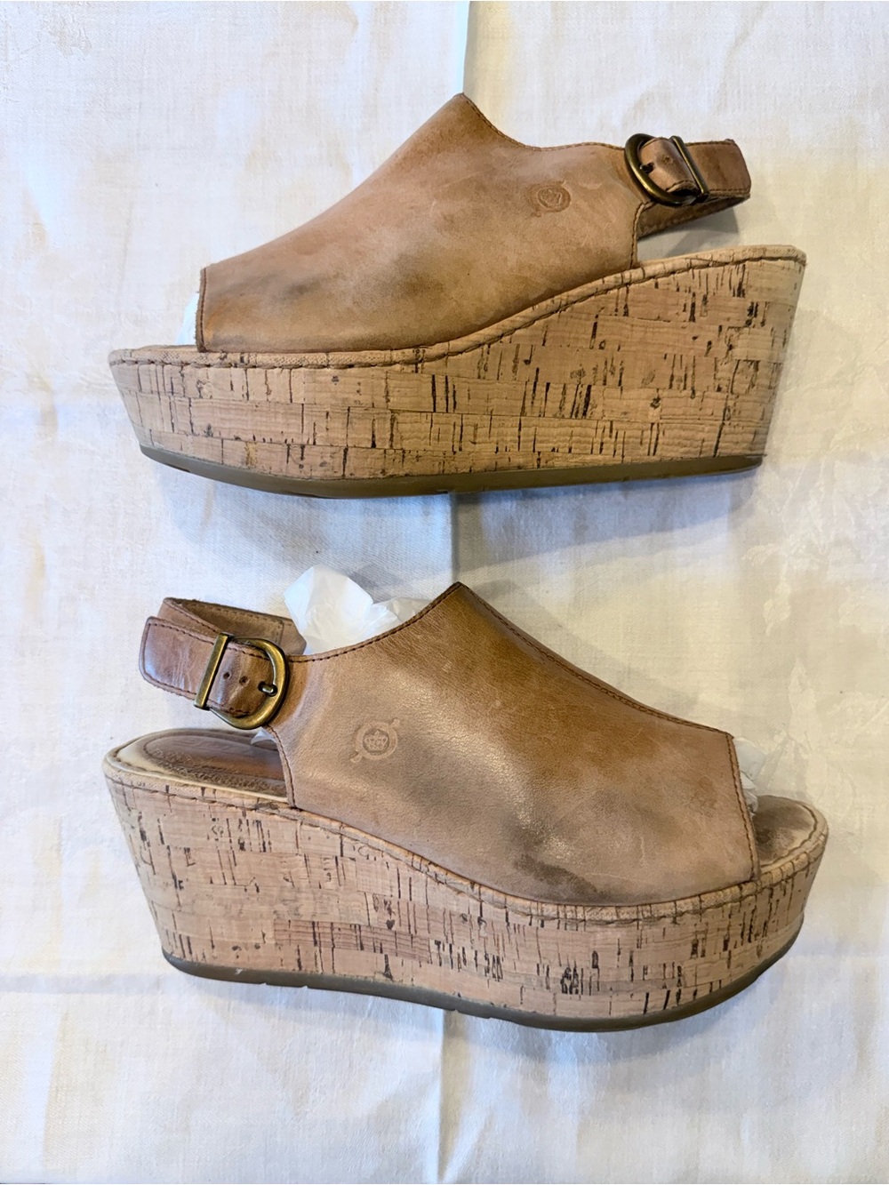 Vintage Born Orbit Leather Wedge Sandals Open Toe Slingback Cork Tan Womens 8 - Picture 3 of 8